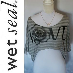 "Love" Floral Graphic Print Striped Crop Top